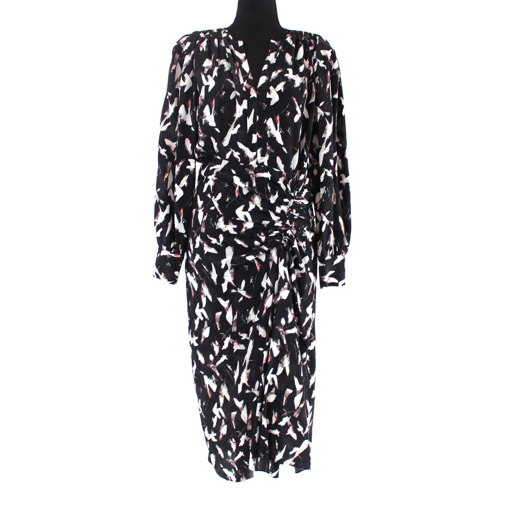 IRO Carola Crepe De Chine Ruched Black Ecru Pink Silk Dress 34 Long Sleeve Midi